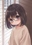  1girl :o absurdres bangs black-framed_eyewear blinds blue_eyes blush brown_hair brown_sweater commentary_request day glasses hair_between_eyes head_tilt highres indoors looking_at_viewer mimikaki_(men_bow) original parted_lips short_hair solo sweater upper_body window 