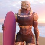  3d_(artwork) alien beach bodypaint clothing crop_top digital_media_(artwork) face_paint hi_res kagekave male mass_effect muscular muscular_male outside seaside shirt solo standing surfboard swimming_trunks swimwear topwear turian video_games 