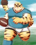  2022 anthro belly big_belly bottomwear bulge clothing felid hi_res humanoid_hands kemono male mammal mohumohudansi outside overweight overweight_male pantherine pink_nose rugby rugby_ball rugby_uniform shirt shorts solo tiger topwear 