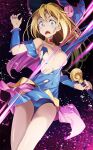  1girl bare_shoulders blonde_hair blue_eyes breasts dark_magician_girl duel_monster hat highres large_breasts long_hair solo torn_clothes tsukishiro_saika wand witch_hat yu-gi-oh! 