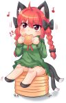  1girl animal_ears bad_anatomy beamed_eighth_notes blush cat_ears chibi eating fang hagezizii kaenbyou_rin multiple_tails musical_note nekomata simple_background skin_fang tail touhou two_tails white_background 