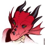  1:1 ambiguous_gender anthro artist_name black_horn blue_sclera bust_portrait ceras_ajuvelat cheek_frill dark_sclera dragon facial_horn glistening glistening_eyes green_eyes head_spikes horn looking_aside mouth_closed nose_horn portrait red_body red_frill scalie simple_background slash_freezen solo spikes spikes_(anatomy) white_background 
