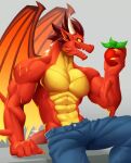  anjing_kampuss anthro clothed clothing dragon dragon_city flame_dragon food hi_res horn male membrane_(anatomy) membranous_wings partially_clothed red_body red_scales scales scalie simple_background socialpoint solo wings yellow_body yellow_eyes yellow_scales 