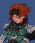  1girl ^_^ apex_legends black_gloves blue_background closed_eyes commentary gloves goggles goggles_on_head hair_behind_ear harabeoji horizon_(apex_legends) korean_commentary open_mouth orange_hair portrait short_hair smile solo spacesuit v-shaped_eyebrows 