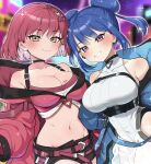  2girls bike_shorts blue_hair breasts cleavage cropped_vest duel_monster evil_twin_ki-sikil evil_twin_lil-la eyelashes fingernails grin hands_on_another&#039;s_hips highres jacket ki-sikil_(yu-gi-oh!) large_breasts lil-la_(yu-gi-oh!) lipstick lipstick_mark live_twin_ki-sikil live_twin_lil-la looking_at_viewer makeup multiple_girls ransusan red_hair short_hair smile teeth vest yu-gi-oh! yuri 