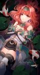  1girl armor bare_shoulders black_gloves black_thighhighs breastplate celica_(fire_emblem) creyton earrings expressionless fingerless_gloves fire_emblem fire_emblem_echoes:_shadows_of_valentia fire_emblem_heroes gloves green_armor highres jewelry koi official_alternate_costume red_eyes red_hair solo thighhighs twitter_username zettai_ryouiki 