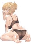  1girl :o absurdres alternate_hairstyle arm_support arm_up bare_arms bare_legs barefoot black_bra black_panties blonde_hair blue_eyes bra breasts butt_crack cameltoe dimples_of_venus hair_bun hair_ornament highres hololive hololive_english honkivampy large_breasts light_blush looking_at_viewer looking_back monocle monocle_hair_ornament one_eye_closed open_mouth panties side-tie_panties sideboob sidelocks simple_background single_hair_bun sitting soles solo toes underwear waking_up wariza watson_amelia white_background 