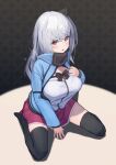  1girl black_thighhighs blue_jacket breasts brown_eyes grey_hair hand_on_breasts highres jacket large_breasts long_hair miniskirt one_side_up open_clothes open_jacket open_mouth original red_skirt shirt sitting skirt solo thighhighs thighs white_shirt xrabbit_alps 
