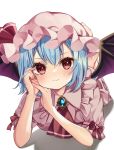  1girl ascot bat_wings blue_hair brooch dress foreshortening hat head_rest highres jewelry mob_cap pink_dress red_ascot remilia_scarlet short_sleeves simple_background solo touhou white_background wings yuineko 