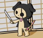  averagesink black_cloak black_hood blade canid canine canis cloak clothing domestic_dog eye_patch eyewear female fur hood mammal melee_weapon onegai_my_melody pink_nose prick_ears pupils pupils_only sanrio solo sword tan_body tan_fur wanmi weapon 