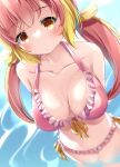  1girl 774_inc. animare arms_behind_back bare_shoulders bikini blonde_hair blush breasts breasts_apart closed_mouth collarbone frilled_bikini frills from_above halterneck highres hira_hikari large_breasts long_hair looking_at_viewer low_twintails multicolored_hair pink_bikini pink_hair sch solo swimsuit twintails two-tone_hair virtual_youtuber wading water wet wet_hair yellow_eyes 