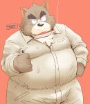  2022 anthro belly big_belly bulge canid canine canis domestic_dog humanoid_hands kemono male mammal one_eye_closed overweight overweight_male simple_background smoking solo toshi_(artist) wink 