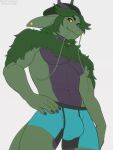  2022 anthro barbel_(anatomy) beanie biped clothed clothing digital_media_(artwork) dragon green_body green_eyes green_hair hair hat headgear headwear hi_res horn looking_at_viewer low-angle_view male purple_body rustymiko shoulder_tuft simple_background smile solo tuft underwear underwear_only white_background yellow_sclera 