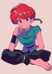  1girl barefoot blue_eyes braid braided_ponytail breasts chinese_clothes closed_mouth feet highres menma_(enaic31) on_floor ranma-chan ranma_1/2 red_hair simple_background solo toes twitter_username 