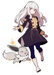  1girl alternate_color closed_eyes company_connection crossover do_m_kaeru eevee fire_emblem fire_emblem:_three_houses garreg_mach_monastery_uniform long_hair lysithea_von_ordelia pink_eyes pokemon pokemon_(creature) shiny_pokemon sparkle voice_actor_connection white_background white_hair yuuki_aoi 