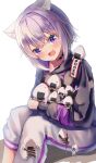  1girl :3 :d absurdres animal_collar animal_ear_fluff animal_ears asymmetrical_pants bangs black_collar black_hoodie blush cat_ears cat_girl collar crossed_bangs drawstring fang hair_between_eyes highres hololive hood hoodie long_sleeves looking_at_viewer nekomata_okayu onigirya_(nekomata_okayu) open_mouth pants purple_eyes purple_hair rappi short_hair simple_background sitting skin_fang smile solo_focus sweatpants virtual_youtuber white_background white_pants 