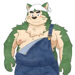  anthro bandanna blush canid canine canis clothing domestic_dog eyebrows fur green_body green_fur hi_res kerchief lifewonders live-a-hero male mammal mokdai moobs nipples overalls overweight shirtless solo thick_eyebrows video_games yaki_atsuage 