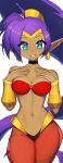 1girl artist_name bangs bare_shoulders bikini bikini_top_only blue_eyes breasts collarbone commentary dark-skinned_female dark_skin earrings hands_on_own_chest hands_up harem_pants high_ponytail highres jewelry long_hair looking_at_viewer medium_breasts midriff navel pants parted_lips pointy_ears ponytail purple_hair red_pants revenantart see-through shantae shantae_(series) shiny shiny_hair shiny_skin signature simple_background smile solo stomach swimsuit vambraces white_background 