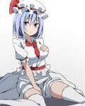 1girl blue_hair breasts full_body hand_on_own_chest hat hat_ribbon large_breasts light_blue_hair looking_at_viewer mob_cap open_mouth pink_eyes red_ribbon remilia_scarlet ribbon shirt short_hair short_sleeves simple_background sitting skirt solo thighhighs touhou to~fuya wariza white_background white_headwear white_shirt white_skirt white_thighhighs 