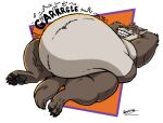  anthro belly big_belly bloated canid canine canis hands_behind_head kaiipwilde_(artist) lying male mammal navel on_back overweight overweight_male rumbling_stomach sharp_teeth smile solo teeth wolf 