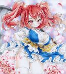  1girl arim0k0 breasts coin coin_on_string hair_ornament highres large_breasts obi obidome obijime onozuka_komachi panties petals red_eyes red_hair sample_watermark sash shikishi solo touhou traditional_media underwear watermark 