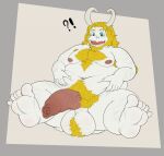  anthro asgore_dreemurr balls barefoot beard belly big_belly blonde_hair blue_eyes bovid caprine facial_hair feet fur genitals goat hair hi_res horn hyper hyper_genitalia male mammal mature_male overweight overweight_male penis rokie38 solo undertale undertale_(series) video_games white_body white_fur 