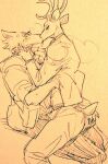  anthro beastars blush bodily_fluids butt butt_grab canid canine canis cervid clothed clothing cupping_chin duo eyes_closed fully_clothed hand_on_butt hand_under_shirt kissing legoshi_(beastars) louis_(beastars) male male/male mammal on_lap saliva sitting sitting_on_lap steam sweat wolf wuffinarts 