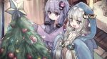  2girls animal_costume bangs blush braid christmas christmas_lights christmas_ornaments crescent crescent_print hair_ornament hands_up highres holding indoors kizuna_akari long_hair long_sleeves low_twintails merry_christmas microa multiple_girls purple_eyes purple_hair santa_claus shark_costume sleeves_past_wrists smile split_mouth star-shaped_pupils star_(symbol) symbol-shaped_pupils table tablecloth twin_braids twintails vocaloid voiceroid white_hair wooden_floor yuzuki_yukari 