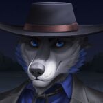  1:1 anthro artist_name black_clothing black_hat black_headwear blue_clothing blue_eyes blue_topwear bust_portrait cheek_tuft clothed clothing facial_tuft front_view fur glistening glistening_eyes grey_body grey_clothing grey_fur grey_jacket grey_nose grey_topwear hat headgear headwear jacket looking_at_viewer male mouth_closed neck_tuft outside portrait slash_freezen solo species_request topwear tuft whiskers white_body white_fur 