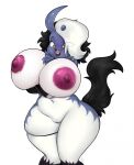  absol anthro areola arm_under_breasts big_areola big_breasts black_lips breasts female fur generation_3_pokemon genitals hair hair_over_eye hi_res horn huge_breasts lips nintendo nipples nude one_eye_obstructed open_mouth pink_areola pink_nipples pokemon pokemon_(species) pussy short_stack simple_background solo translucent translucent_hair video_games villmix white_background white_body white_fur wide_hips 