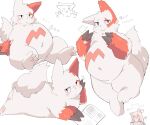  2022 6:5 ambiguous_gender anthro belly big_belly biped blush book claws digital_media_(artwork) fur generation_3_pokemon looking_at_viewer lying narrowed_eyes navel nintendo nude on_front paws pokemon pokemon_(species) red_body red_fur rokacake simple_background sitting slightly_chubby smile solo video_games white_body white_fur zangoose 
