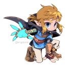  2022 5_fingers blonde_hair blue_eyes boots cape clothing fingerless_gloves fingers footwear gloves hair handwear humanoid humanoid_pointy_ears hylian kingdomkii light_body light_skin link male nintendo not_furry signature simple_background solo the_legend_of_zelda video_games 