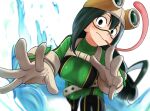  1girl :&gt; asui_tsuyu belt blurry blurry_background bodysuit boku_no_hero_academia dark_green_hair frog_girl gloves goggles goggles_on_head green_bodysuit green_eyes hair_rings highres long_hair long_tongue looking_at_viewer low-tied_long_hair outstretched_arms solo splashing tongue water white_background yoo_tenchi 