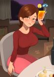  1girl alcohol arm_up barleyshake blush bottle box breasts brown_eyes brown_hair casual chair cheese cocktail cocktail_umbrella cup curtains curvy drink drunk elastigirl food half-closed_eyes helen_parr highres holding holding_cup large_breasts long_sleeves looking_at_viewer mature_female open_mouth pants pink_pants plate red_shirt shirt short_hair sitting solo table the_incredibles white_curtains window 
