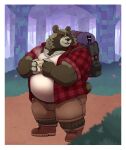  2022 absurd_res anthro backpack belly big_belly black_nose bottomwear canid canine clothing detailed_background eyes_closed eyewear glasses green_body hi_res humanoid_hands male mammal outside overweight overweight_male pants raccoon_dog runxforest shirt solo tanuki topwear 