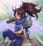  1girl armor bangs blue_scarf blush breasts brown_hair drinking english_commentary from_side genderswap genderswap_(mtf) league_of_legends medium_breasts navel no_bra outdoors pants phantom_ix_row ponytail profile scarf shiny shiny_hair shiny_skin shoes shoulder_plates sideboob sitting yasuo_(league_of_legends) 