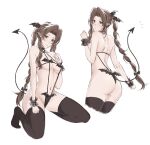  1girl aerith_gainsborough alternate_costume ass backless_outfit bangs bare_shoulders bat_hair_ornament bat_wings black_bow black_choker black_thighhighs bow braid braided_ponytail breasts brown_hair choker cleavage cowboy_shot demon_tail final_fantasy final_fantasy_vii final_fantasy_vii_remake full_body green_eyes hair_bow hair_ornament halloween hand_on_own_chest highres kivavis kneeling light_blush long_hair looking_at_viewer looking_back medium_breasts multiple_views navel no_shoes parted_bangs parted_lips pointy_ears revealing_clothes sidelocks tail thighhighs underboob wavy_hair white_background wings wrist_cuffs 