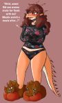 ankylosaurian anthro bottomless clothed clothing crossed_arms dialogue dinosaur english_text facial_markings female footwear goodbye_volcano_high hair head_markings hi_res horn humanoid kahlen369 long_hair markings multicolored_body open_mouth orange_body ornithischian panties red_eyes red_hair reptile rosa_(gvh) scalie simple_background slippers smile snoot_game_(fan_game) solo spiked_tail spikes spikes_(anatomy) standing talking_to_viewer text thyreophoran two_tone_body underwear video_games 