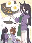  2girls :3 agnes_tachyon_(umamusume) alternate_costume alternate_hairstyle animal_ears apron black_apron black_hair brown_hair casual chopsticks cooking drawing fried_egg frying_pan grey_shorts hair_between_eyes heart highres hood hood_down hoodie horse_ears horse_girl horse_tail long_hair long_sleeves manhattan_cafe_(umamusume) multiple_girls nochatea open_mouth pajamas ponytail purple_hoodie purple_pajamas short_shorts shorts sleeves_rolled_up tail translation_request umamusume yellow_eyes 