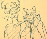  anthro beastars bodily_fluids canid canine canis cervid clothed clothing duo excited fully_clothed gesture hand_on_cheek legoshi_(beastars) louis_(beastars) low_res male male/male mammal smile surprised_expression sweat sweatdrop wolf wuffinarts 