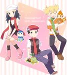  1girl 2boys :d anniversary baggy_pants barry_(pokemon) beanie beret black_hair black_shirt blonde_hair blush boots bracelet brown_footwear chimchar closed_eyes closed_mouth commentary_request copyright_name dawn_(pokemon) green_scarf grey_eyes grey_footwear grey_pants hair_ornament hairclip hat highres jacket jewelry long_hair lucas_(pokemon) multiple_boys ohn_pkmn open_mouth outline own_hands_together pants pink_footwear pink_skirt piplup poke_ball_print pokemon pokemon_(creature) pokemon_(game) pokemon_dppt pokemon_on_arm red_scarf scarf shirt shoes short_hair short_sleeves sitting skirt sleeveless sleeveless_shirt smile striped striped_jacket turtwig white_headwear white_shirt 