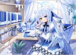  1girl absurdres bangs blue_eyes blunt_bangs blush book bookshelf candlestand closed_mouth commission green_eyes heterochromia highres holding holding_pencil indoors long_hair long_sleeves looking_at_viewer original pencil shio_0585 sitting solo white_hair 