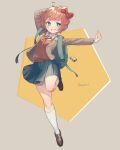  1girl animal_keychain backpack bag bag_charm bandaid blazer blue_eyes blue_skirt blush bow brown_footwear brown_jacket character_name charm_(object) doki_doki_literature_club grin highres jacket kneehighs multicolored_background open_clothes open_jacket orange_sweater pink_hair red_bow sayori_(doki_doki_literature_club) school_uniform shifumame shirt shoes short_hair skirt smile socks solo standing standing_on_one_leg sweatdrop sweater white_shirt white_socks 