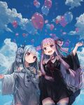  2girls :d balloon bangs black_dress blue_hair blue_sky blue_thighhighs closed_mouth cloud cloudy_sky collared_dress day dress hair_ornament highres kotonoha_akane kotonoha_aoi light_blue_hair long_hair microa multiple_girls open_mouth outdoors pink_hair red_eyes siblings sisters sky smile teeth thighhighs upper_teeth voiceroid white_dress wide_sleeves zettai_ryouiki 