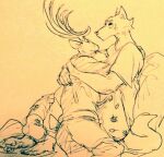  anthro beastars bed bodily_fluids canid canine canis cervid clothing crying cuddling duo embrace eyes_closed furniture half-closed_eyes hug legoshi_(beastars) louis_(beastars) male male/male mammal narrowed_eyes on_bed pajamas pillow tears wolf wuffinarts 
