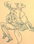  anthro back_to_back beastars canid canine canis cervid clothed clothing crossed_arms crossed_legs duo eye_contact fully_clothed legoshi_(beastars) looking_at_another louis_(beastars) male male/male mammal necktie sitting wolf wuffinarts 