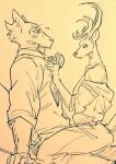  anthro beastars bodily_fluids canid canine canis cervid clothed clothing duo exposed_chest exposed_shoulders half-closed_eyes legoshi_(beastars) louis_(beastars) male male/male mammal narrowed_eyes necktie on_lap open_clothing open_shirt open_topwear shirt sitting sitting_on_lap sweat sweatdrop topwear tying wolf wuffinarts 