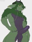  2022 anthro balls barbel_(anatomy) beanie biped clothing digital_media_(artwork) dragon erection foreskin genitals green_body green_eyes green_hair hair hat headgear headwear hi_res horn humanoid_genitalia humanoid_penis looking_at_viewer low-angle_view male penis purple_body rustymiko shoulder_tuft simple_background smile solo tuft white_background yellow_sclera 