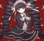  1girl bangs black_hair black_jacket black_nails bonnet celestia_ludenberg center_frills claw_ring collared_shirt danganronpa:_trigger_happy_havoc danganronpa_(series) dress_shirt drill_hair earrings frilled_skirt frills gothic_lolita highres interlocked_fingers jacket jewelry layered_skirt lolita_fashion long_hair long_sleeves looking_at_viewer multicolored_background nail_polish necktie open_clothes open_jacket own_hands_together red_background red_eyes red_necktie shiny shiny_hair shirt skirt smile solo tansug_(tansuk88) twin_drills twintails white_shirt 