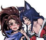  1boy 1girl ahri_(league_of_legends) anger_vein bangs black_hair blue_scarf blush brown_eyes brown_hair collarbone detached_sleeves facial_mark fang genderswap genderswap_(ftm) genderswap_(mtf) hand_on_another&#039;s_chin korean_clothes league_of_legends long_hair long_sleeves looking_at_another phantom_ix_row ponytail portrait profile scarf simple_background smile sweat whisker_markings white_background yasuo_(league_of_legends) 